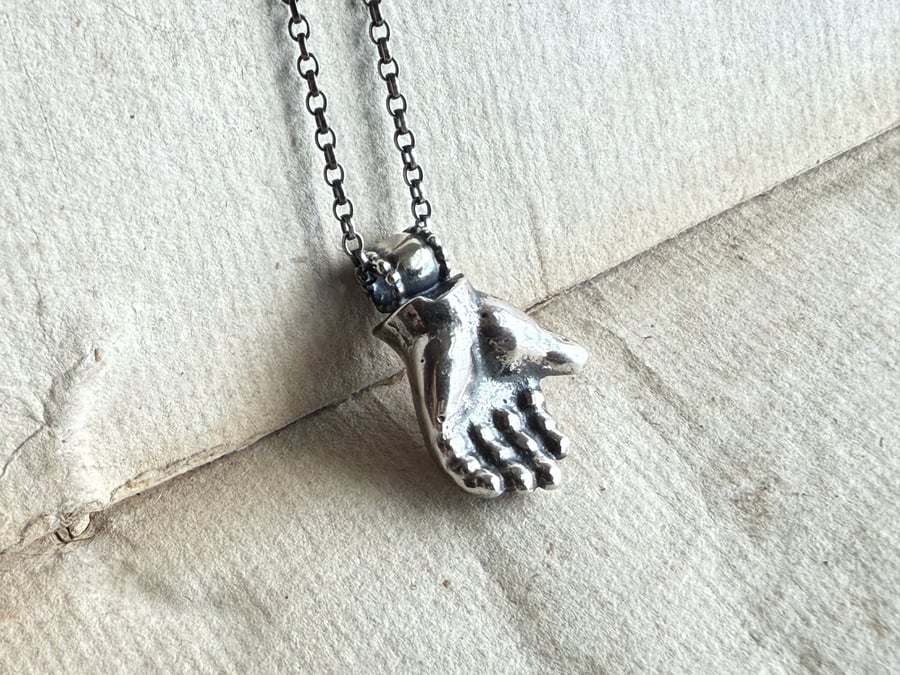 Chunky Sterling Silver Dolls Hand Necklace 
