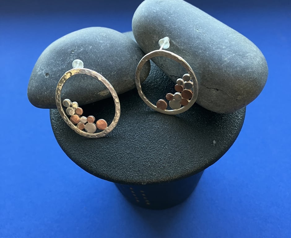 Sterling silver and copper pebble stud earrings