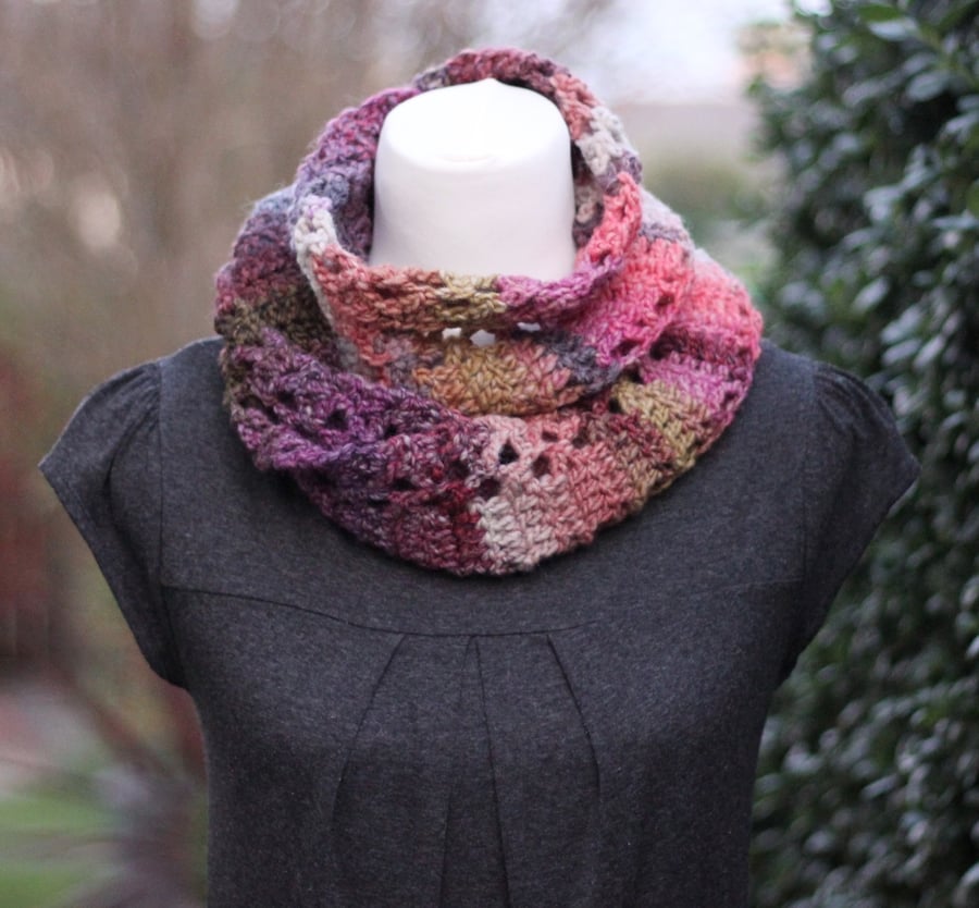 Scarf knitted purple, snood, cowl, gift guide for her