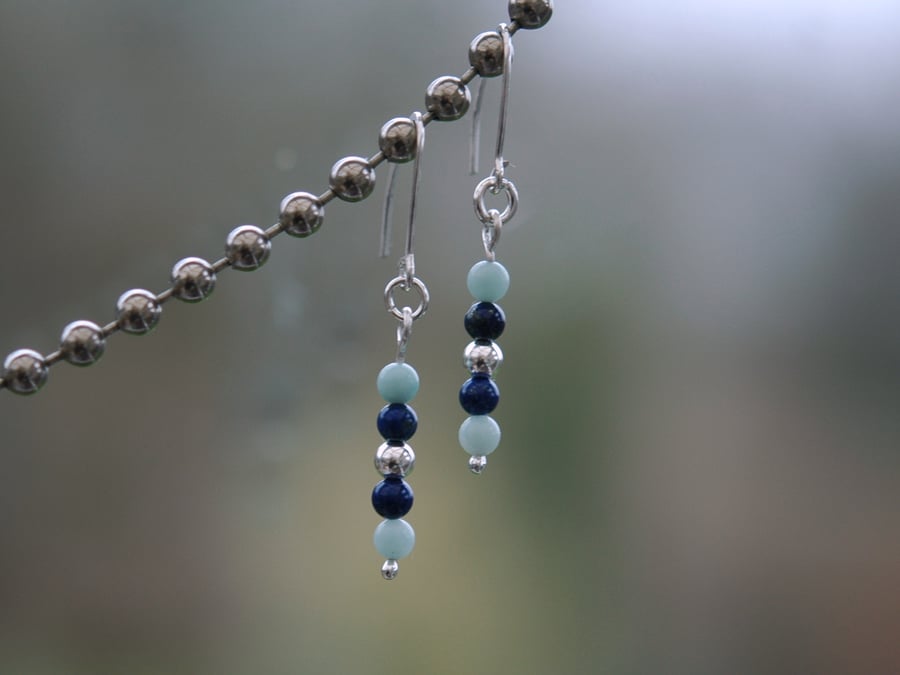 Sterling Silver Drop Earrings with Amazonite and Lapis lazuli