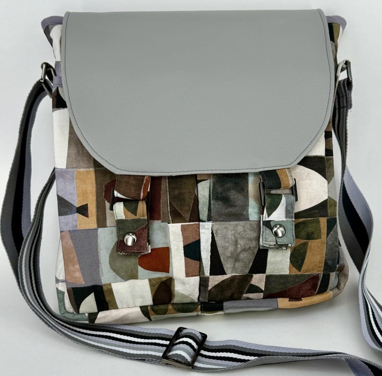 Handmade multi grey cotton and faux leather cross body messenger bag