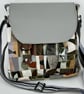 Handmade multi grey cotton and faux leather cross body messenger bag