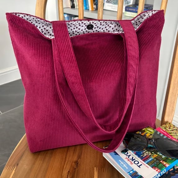 Deep pink corduroy tote bag, shopping bag, with pretty floral cotton lining