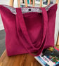 Deep pink corduroy tote bag, shopping bag, with pretty floral cotton lining