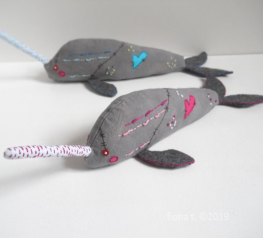 hand and free motion embroidered zombie narwhal