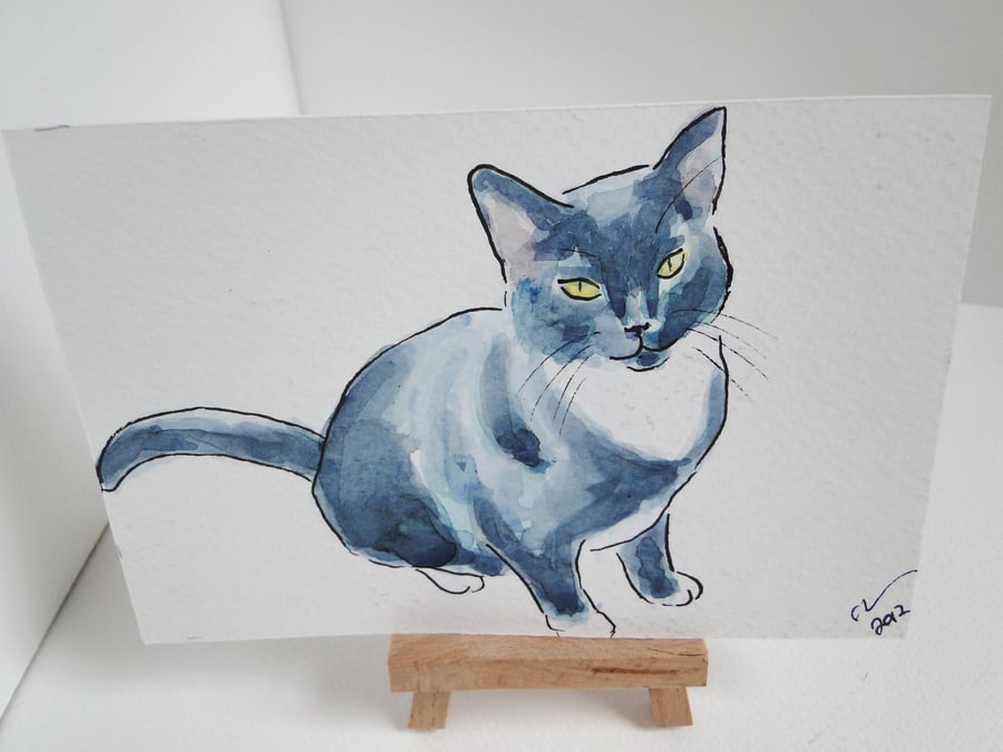 OSWOA Cat Smile Original Watercolour & Ink Painting 4x6 OOAK 
