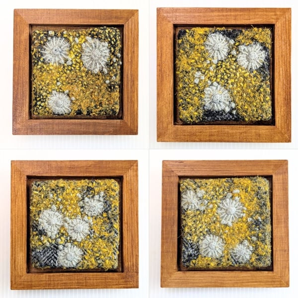 Yellow Coastal Textile Art in varnished 5" wooden frame.