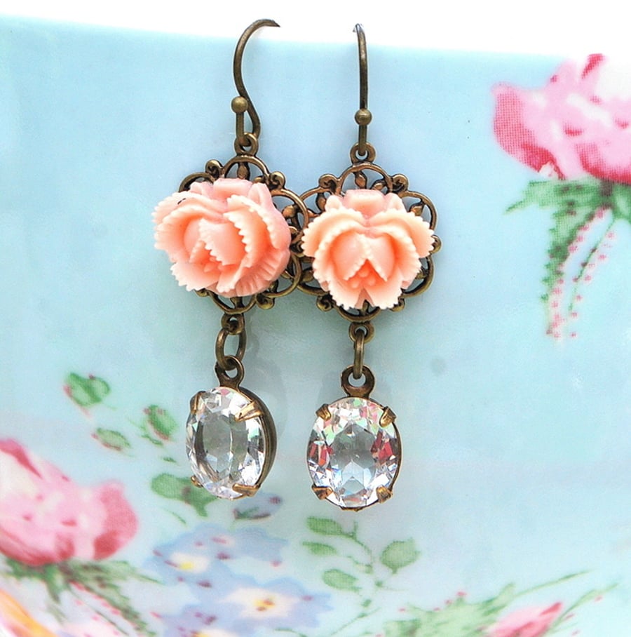 Dainty Rose cab & Vintage Glass Earrings 