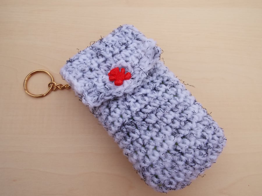 Hand crochet pocket tissue cover keyring - black and white 