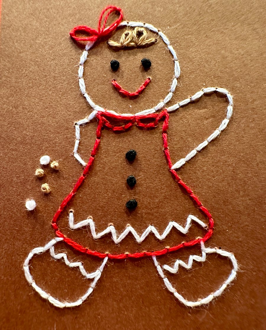 Christmas cards x2, with gingerbread people. Humorous funny embroidery. 