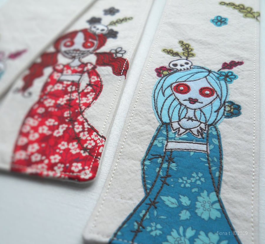 freehand embroidered fabric bookmark teal floral zombie