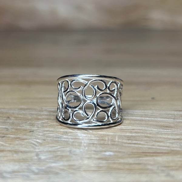 Sterling Silver Handmade Filigree Wide Ring UK Ring Size Q-R