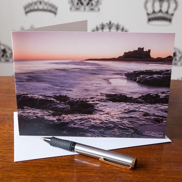 Northumberland, Bamburgh Castle, Tidal Flow Greetings Card - Blank Inside - Birt