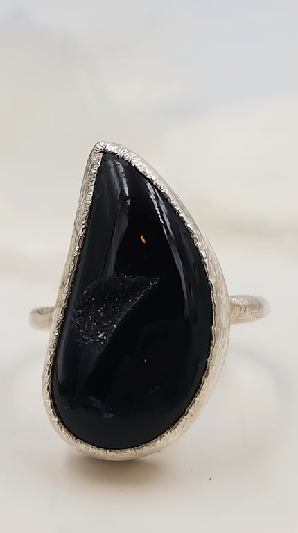 Black Druzy Teardrop Ring, Hand Forged Sterling Silver Molten Band
