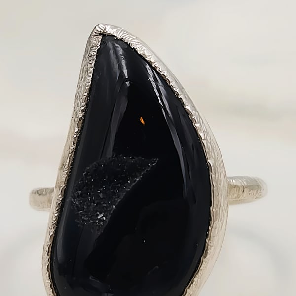 Black Druzy Teardrop Ring, Hand Forged Sterling Silver Molten Band