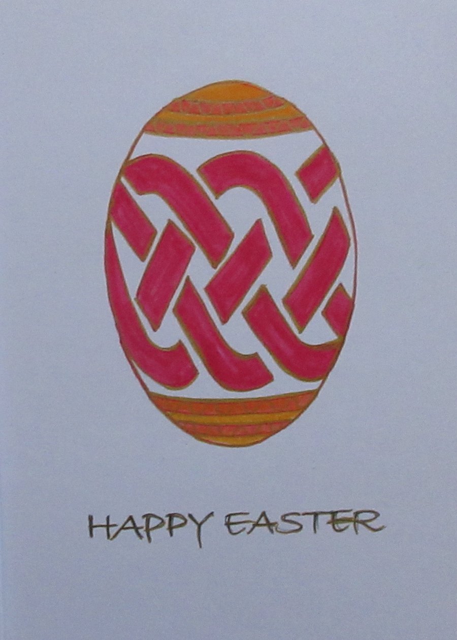 Easter Greeting Card - Hand painted Celtic Egg in red, yellow, orange and gold
