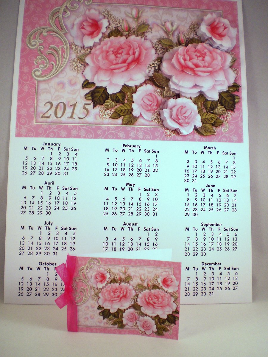 Handmade A4 Wall Calendar and Gift Tag, Pink Roses, 3D, 2015