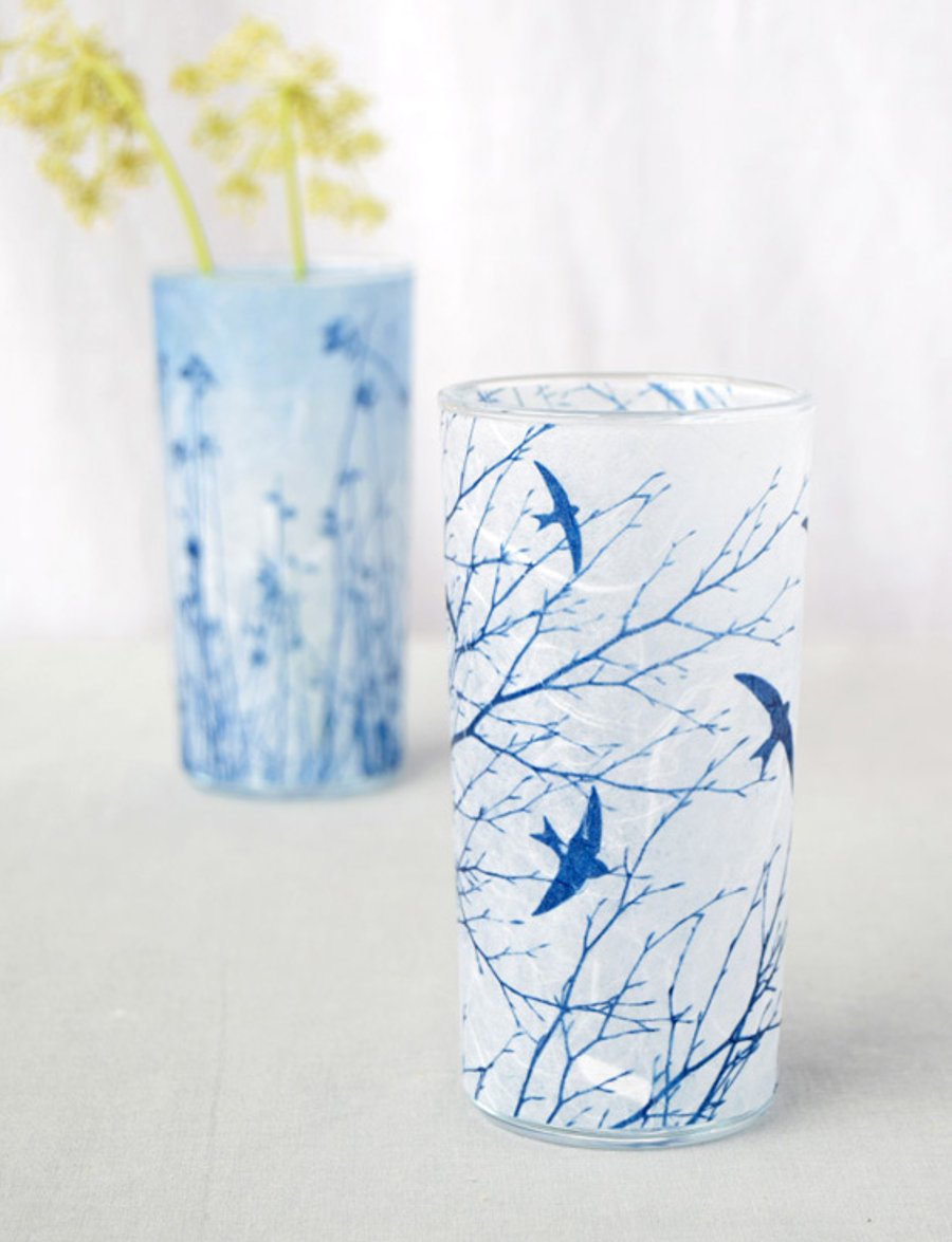 Blue Swifts Cyanotype Vase 
