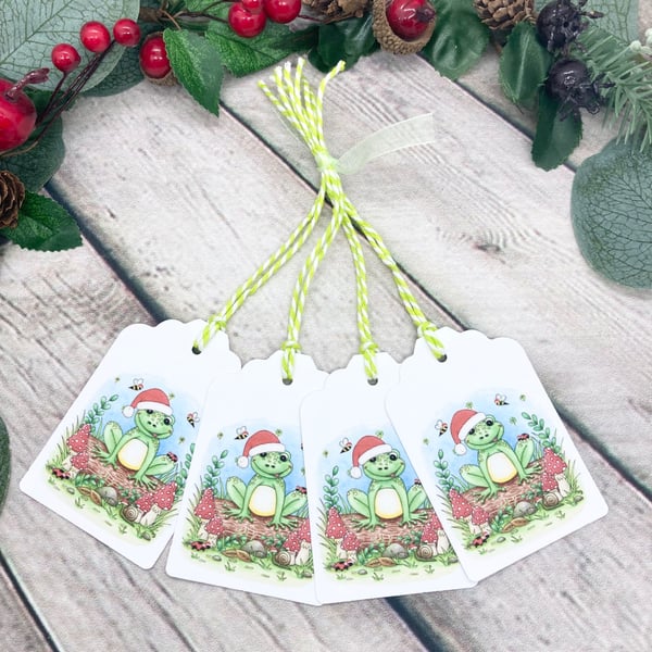 Christmas Frog on a log Gift Tags - set of 4 tags - Cute Frog