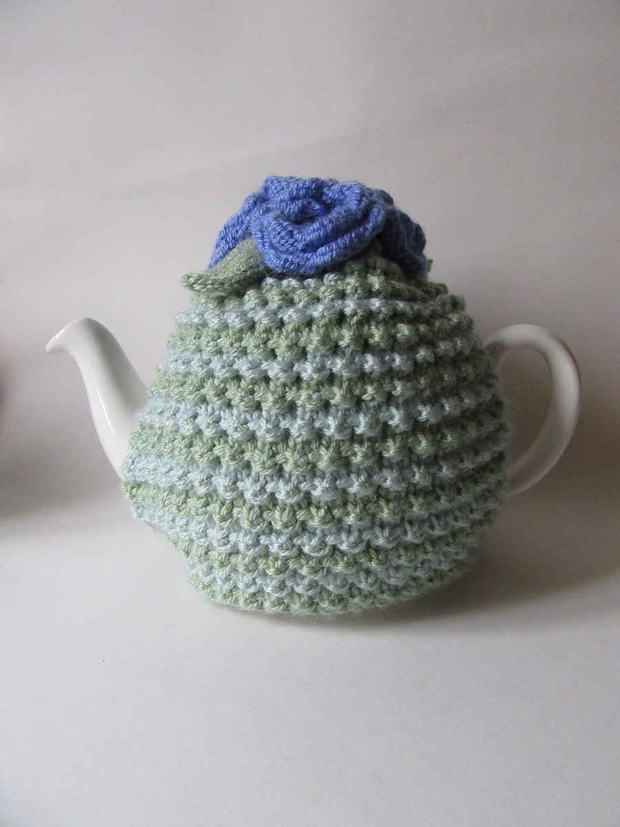 Tea cosie tea cosy - green stripe with lavender roses