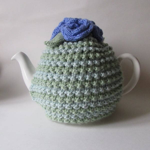 Tea cosie tea cosy - green stripe with lavender roses