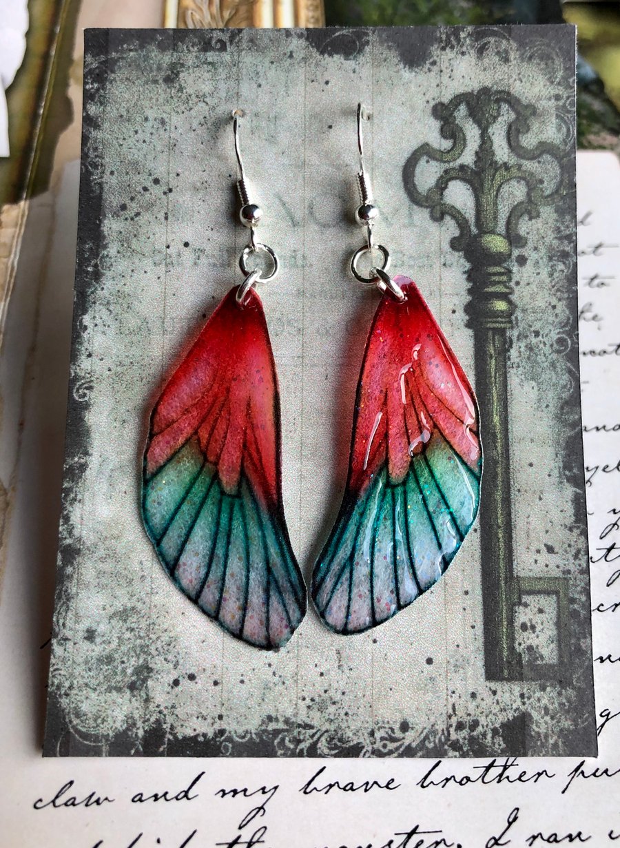 Medium Red Shimmering Fairy Wing Sterling Silver Earrings