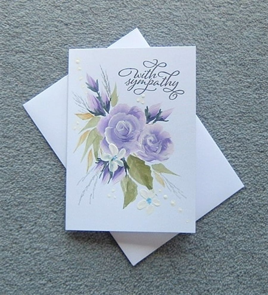 Sympathy card hand painted roses purple greetings card ( ref F 181 )
