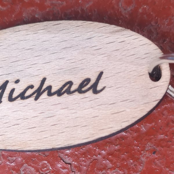 Homemade Name keyring. Beech