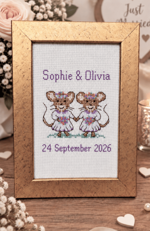 Handmade Cross Stitch Personalised Two Brides Wedding Keepsake – 6x4"