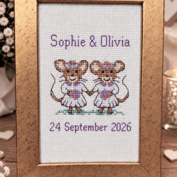 Handmade Cross Stitch Personalised Two Brides Wedding Keepsake – 6x4"