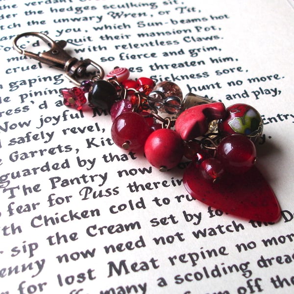 Rock Chick Bag Charm with Red Bead Cluster, Gothic Birthday Gift