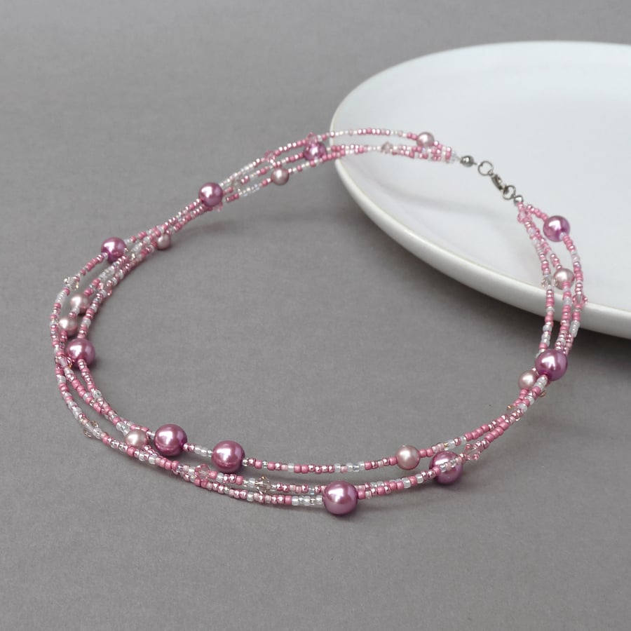 Rose Pink Pearl Multi Strand Necklace - Soft Raspberry Pink Bridesmaid Jewellery