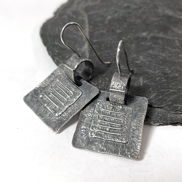 Oxidised silver square earrings