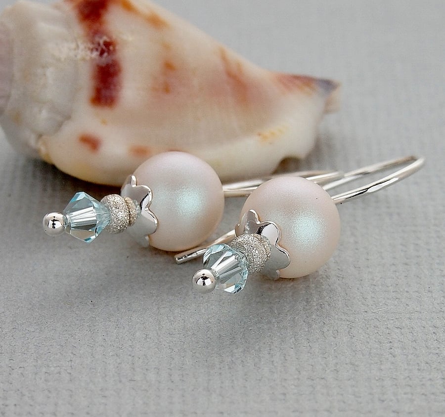 White Pearl Earrings - Ice Blue - Sterling Silver