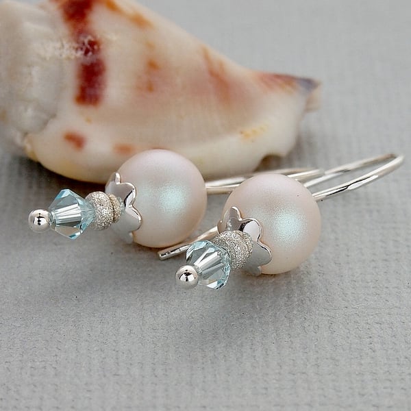 White Pearl Earrings - Ice Blue - Sterling Silver