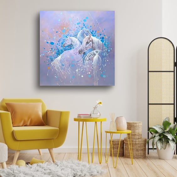 Equine Spell is a large magical realism painting of white dappled horses