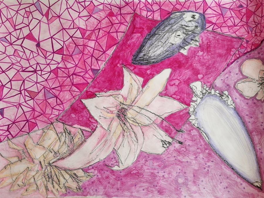 Pink Beach – Abstract Mixed Media Painting on Paper (Framed, 53x73cm)