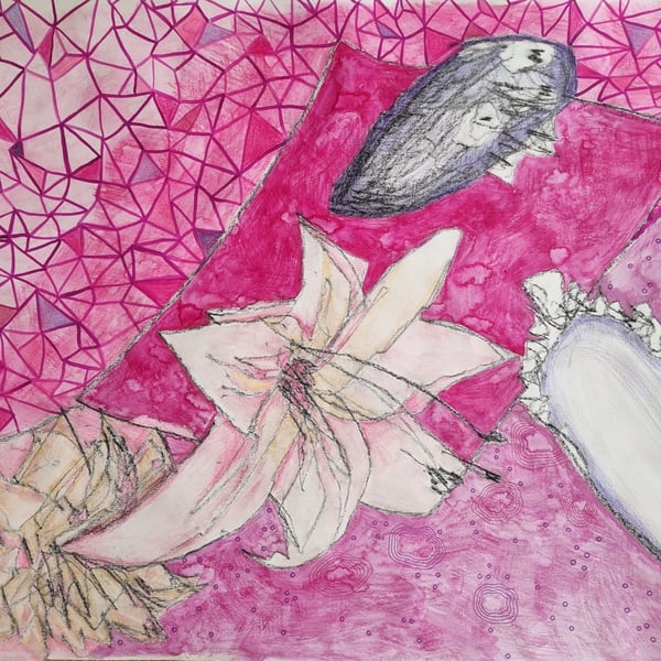Pink Beach – Abstract Mixed Media Painting on Paper (Framed, 53x73cm)