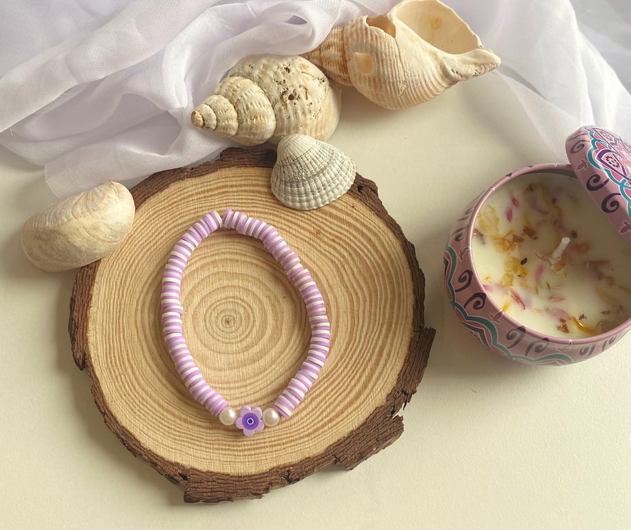 Handmade Lilac Striped Clay Bead Bracelet Flower Charm