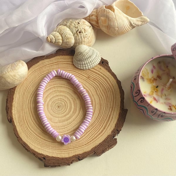 Handmade Lilac Striped Clay Bead Bracelet Flower Charm