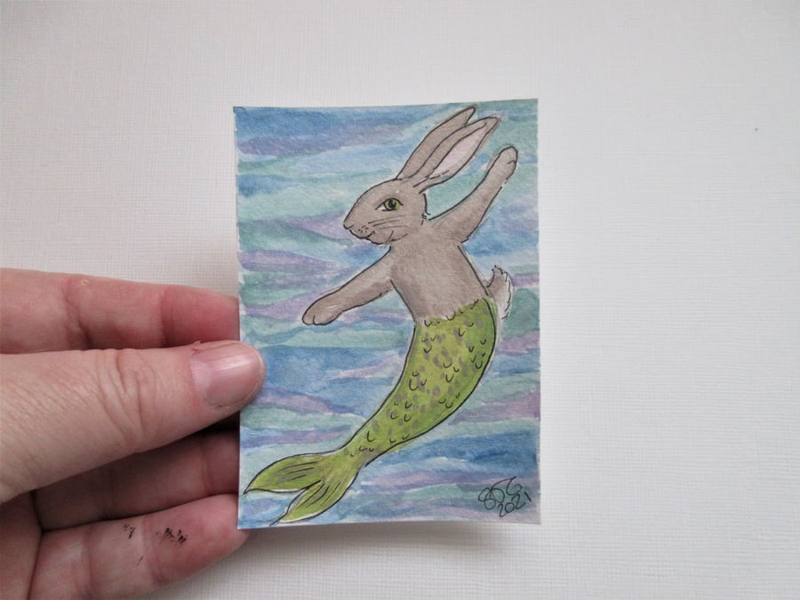 Merbunny ACEO Miniature Painting Watercolour Mermaid and Bunny Underwater 