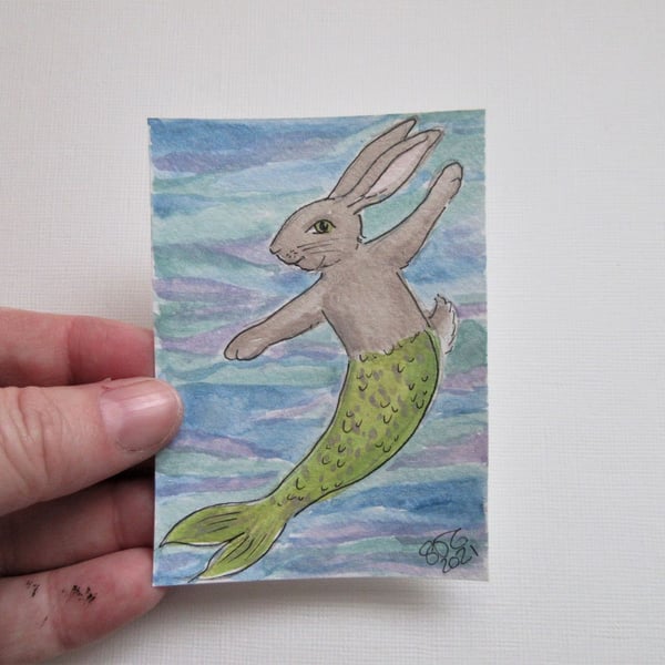 Merbunny ACEO Miniature Painting Watercolour Mermaid and Bunny Underwater 