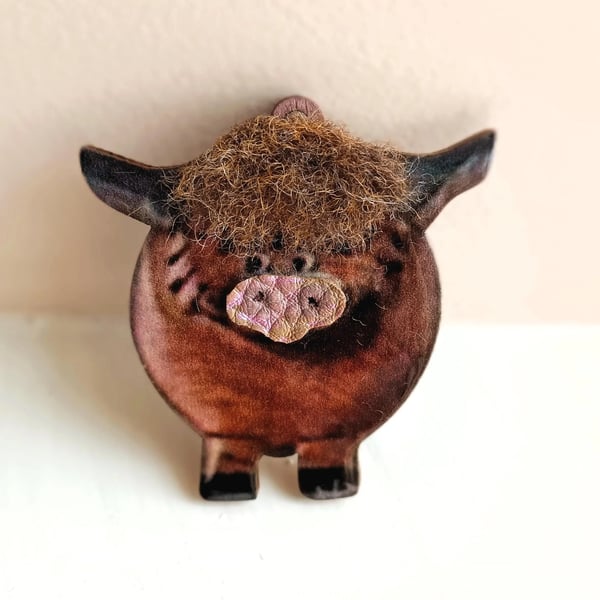 Highland Cow Wooden Brooch