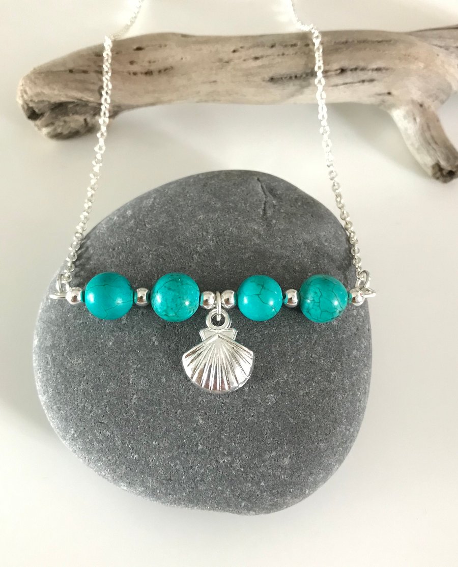 Turquoise gemstone bead necklace with shell charm, December birthday