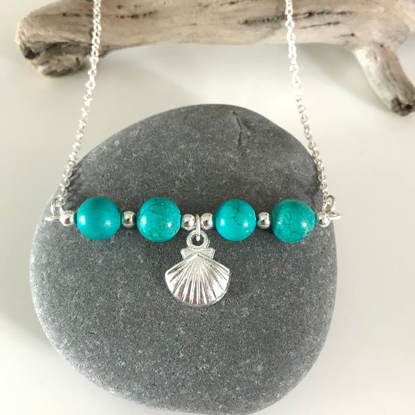 Turquoise gemstone bead necklace with shell charm, December birthday