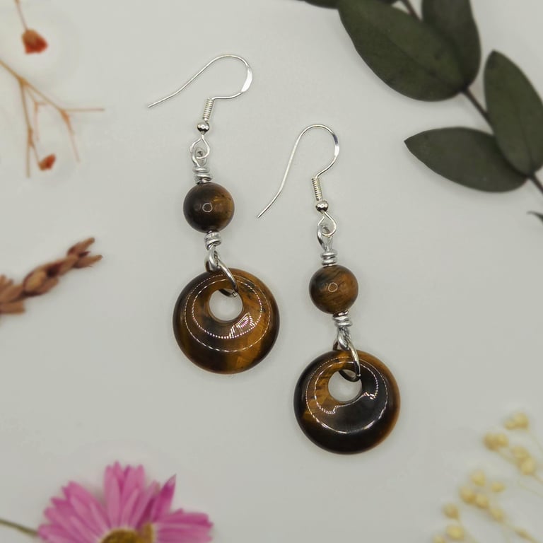 Sterling silver tiger's eye crystal drop bead earrings