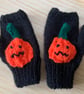 Hand Knitted Carved Pumpkin Face Child's Halloween Fingerless Gloves Age 5-8 Yrs