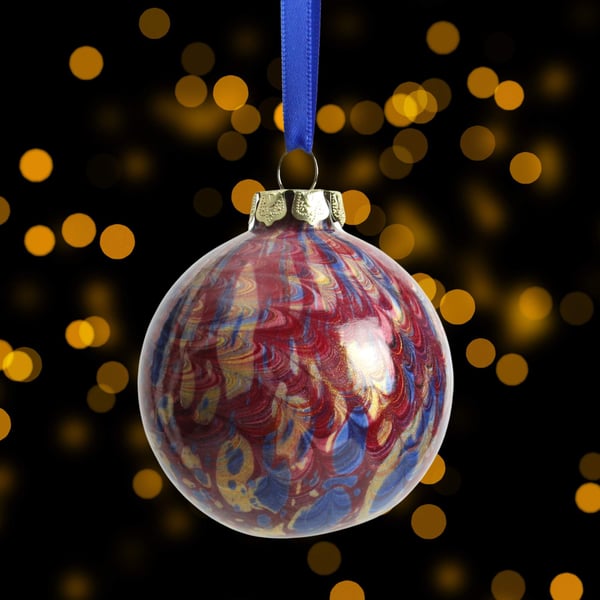 Hand marbled ceramic Christmas round bauble ornament red blue gold