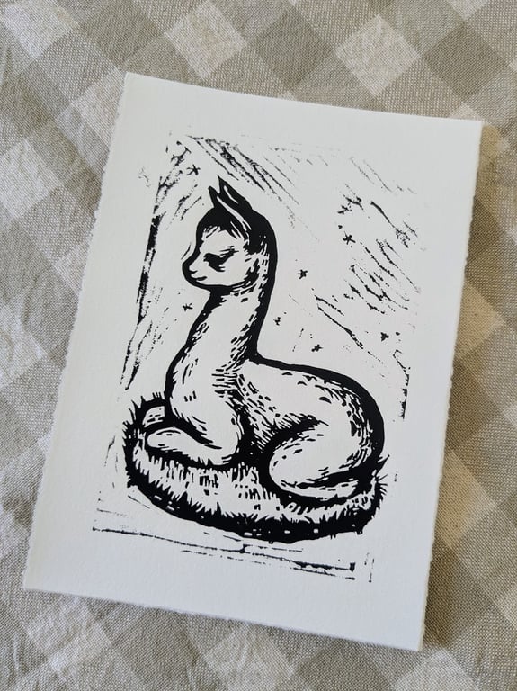 Cute Alpaca Lino Print, Black Ink