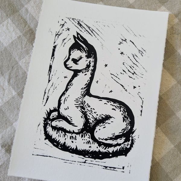 Cute Alpaca Lino Print, Black Ink